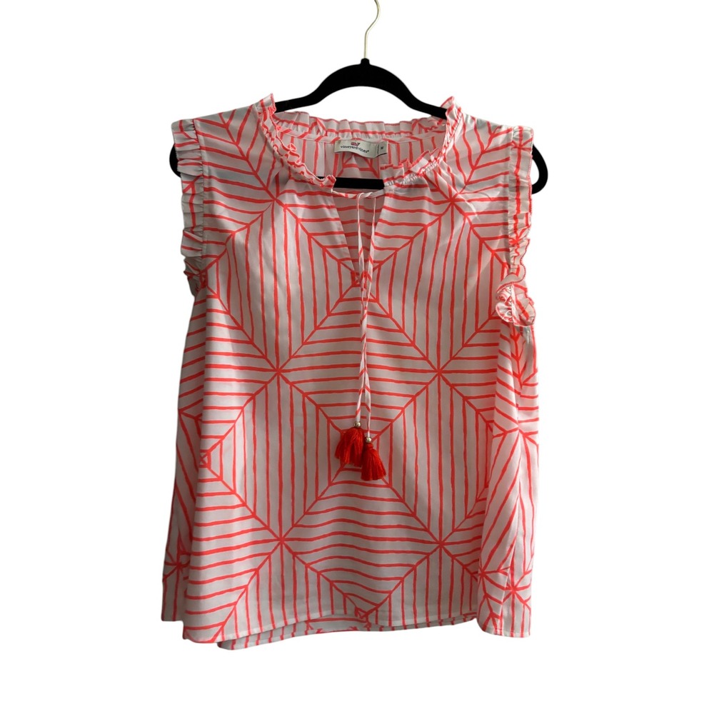 Vineyard Vines Womens Coral White Geometric Ruffle Tassel Sleeveless Top Medium